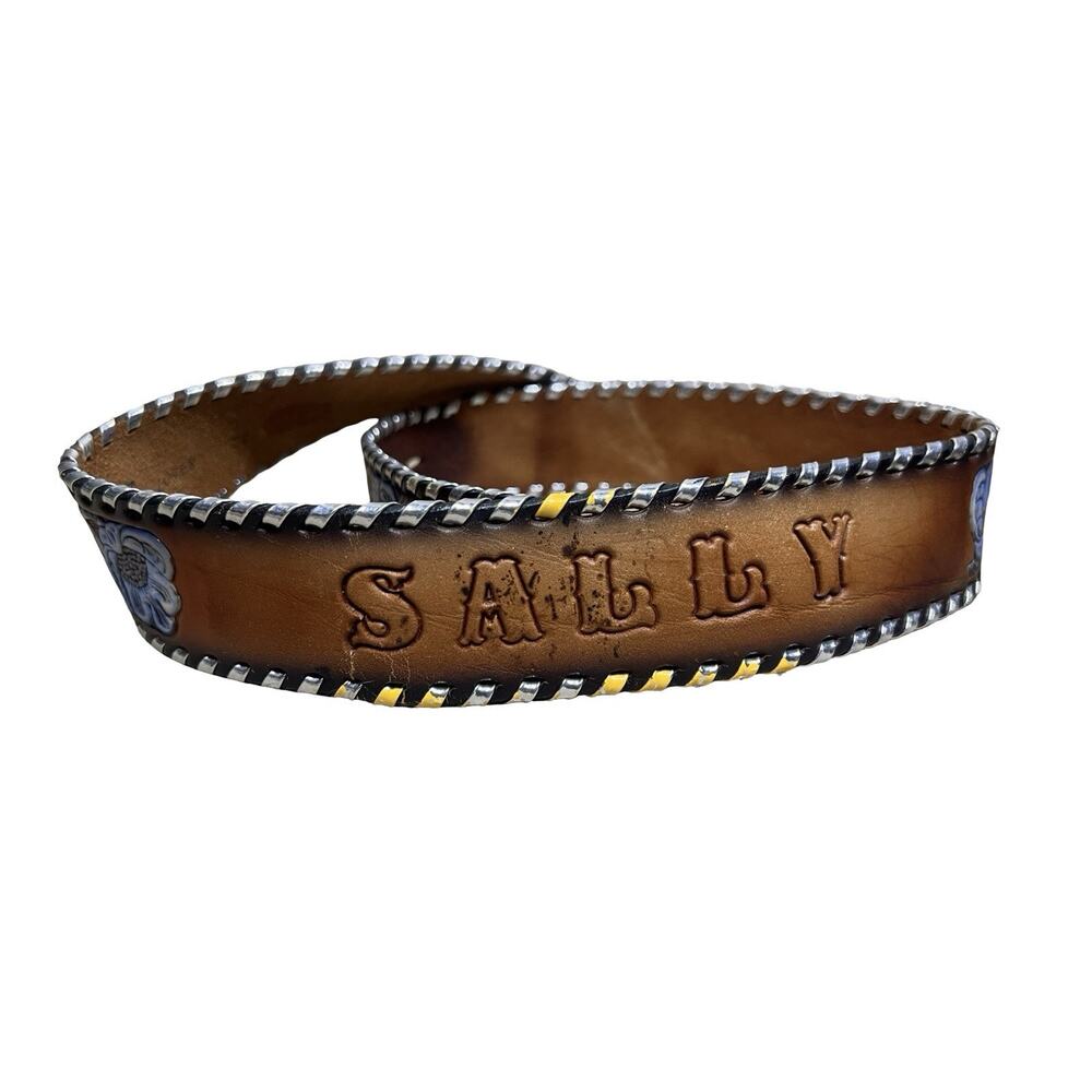 Vtg TONY LAMA Western Blue Floral Tooled Leather Belt NAME "Sally" SZ 32